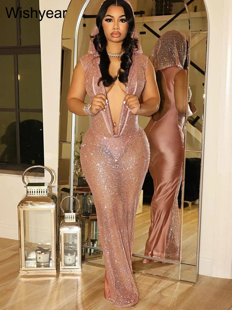 Women's Sexy Hooded Deep V Neck Sparkly Maxi Dress