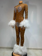 Women's Rhinestone Feather Mesh Jumpsuit