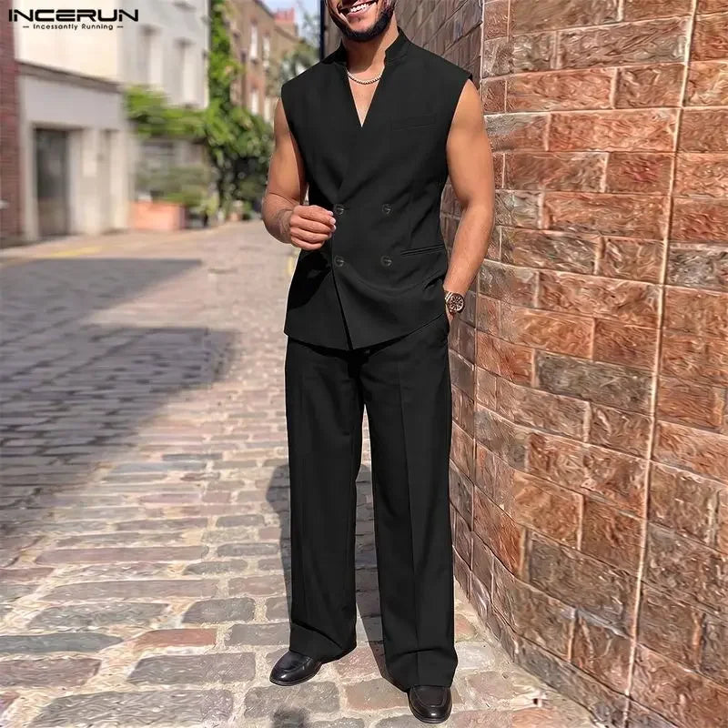 Men's Solid V-Neck Sleeveless Vest Pants Set