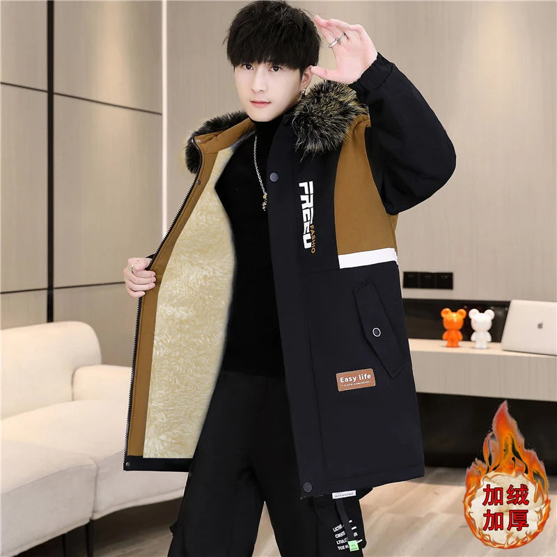 Men's Casual Hooded Fleece Winter Mid-Length Parka Jacket