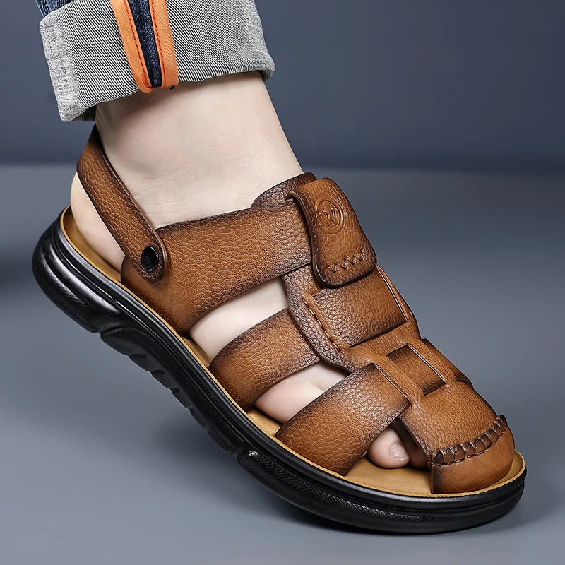 Men's Handmade Leather Sandals Breathable Outdoor Walking Beach Slippers