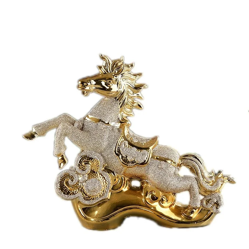 Gold Ceramic Horse Figurine and Modern Tabletop Statue