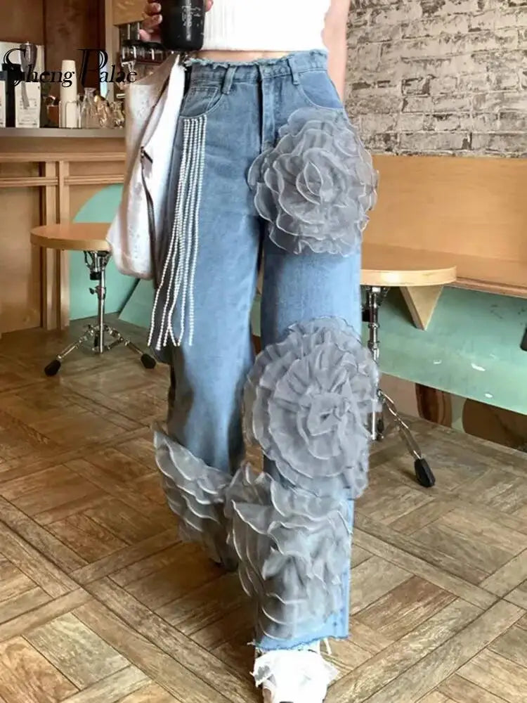 Three-dimensional Flower Decoration Denim Jeans for Women Summer