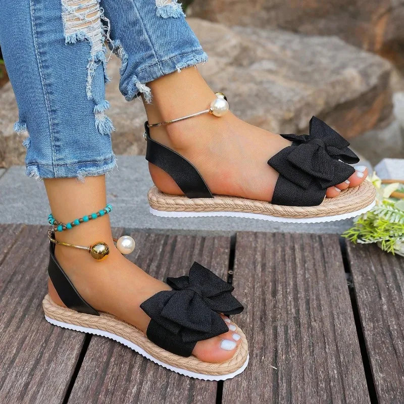 Women's Pearl Bow Flat Sandals Casual Summer Slip-On