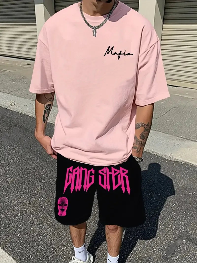 Men's 3D Letter Print Round Neck T-Shirt and Drawstring Shorts Set
