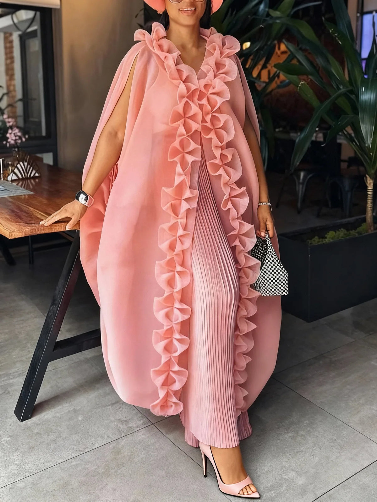 Women's Ruffle Cape Coat Pleated Wide Leg Pants Set