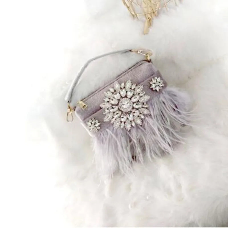 Women's Diamond Feather Tassel Chain Clutch Handbag