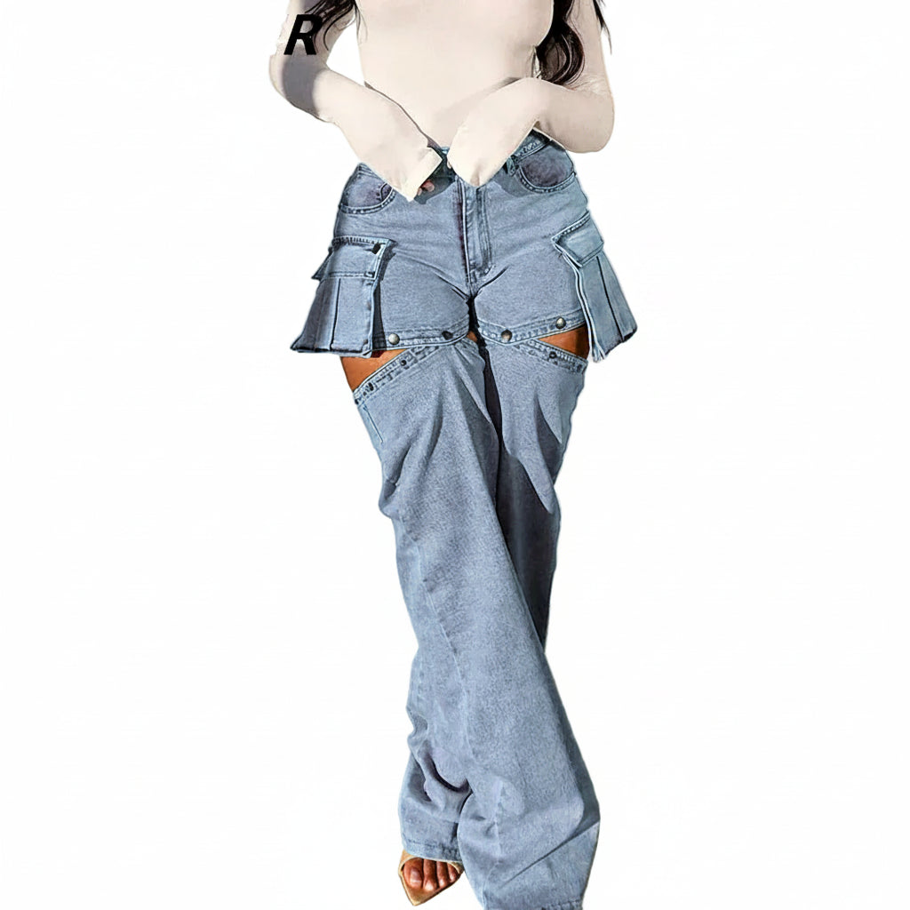 Straight Denim Pants High-Waisted Hollow Out Distressed Women