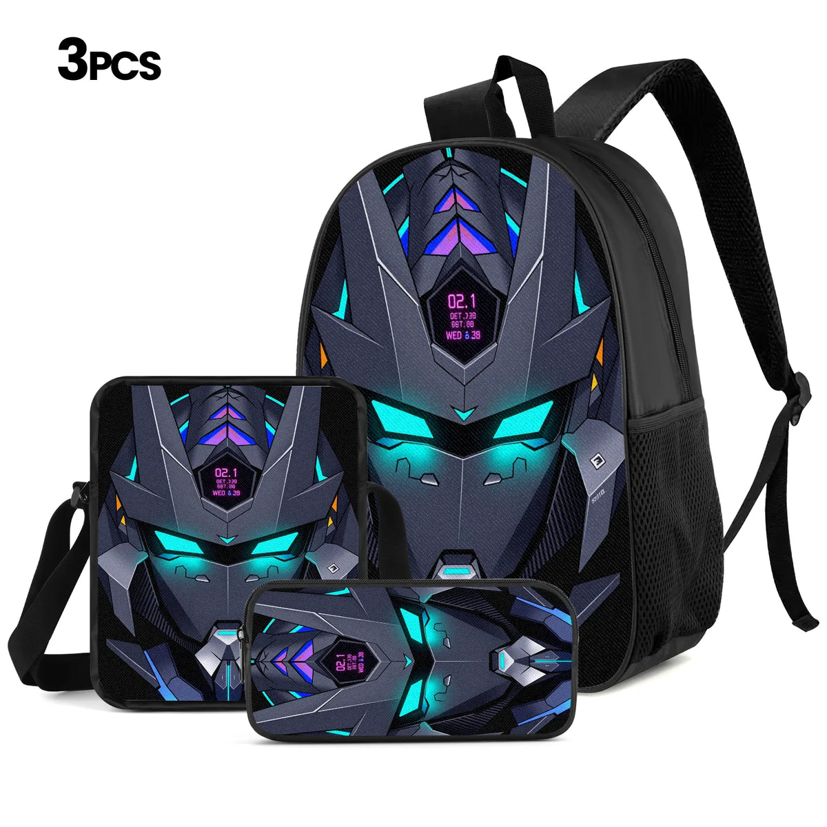 Unisex Futuristic Mecha Backpack 3-Piece Bag Set
