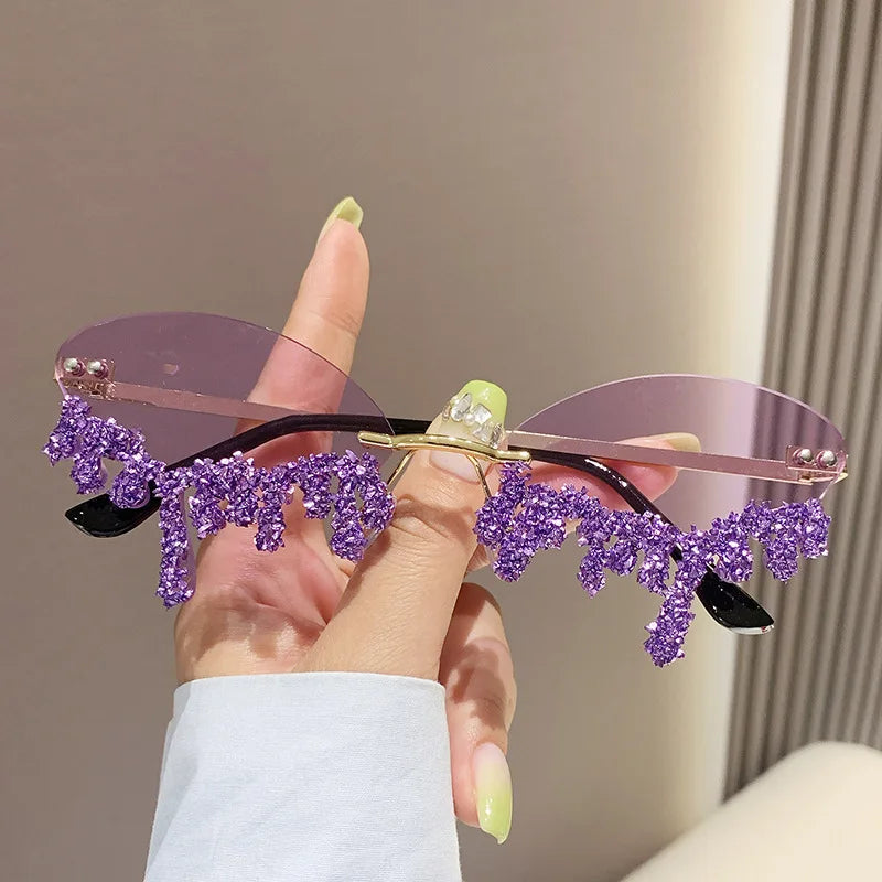 Rhinestone Rimless Sunglasses Women's Tear Drop Party Eyewear