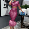 Women's Sequins Glitter Feather Crop Top and Skirt Two Piece Set