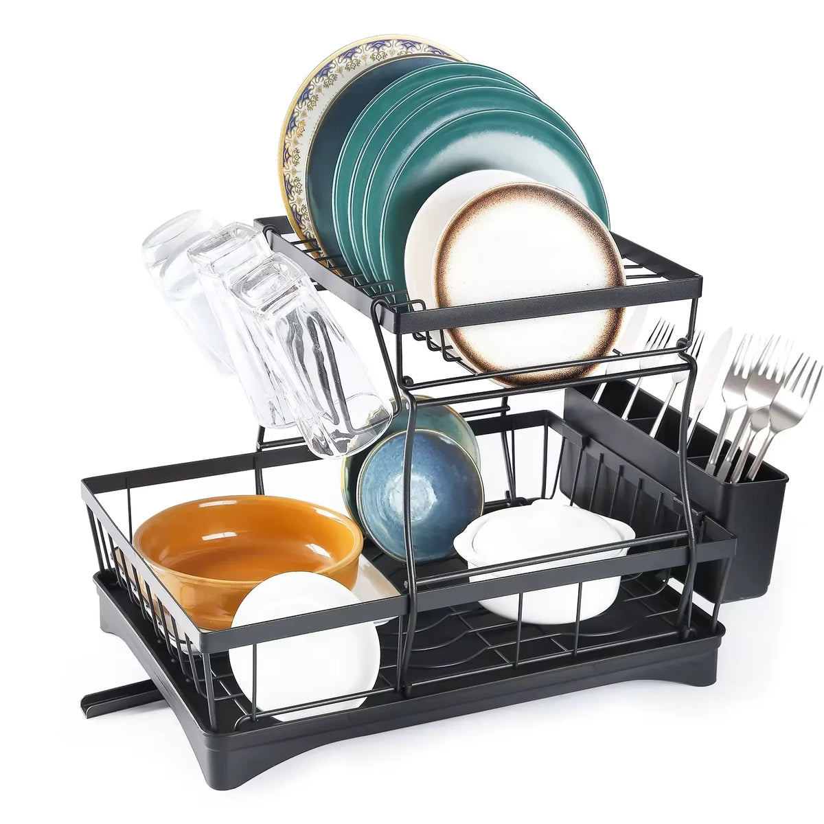 2-Tier Kitchen Dish Drying Rack with Swivel Spout Drip Tray