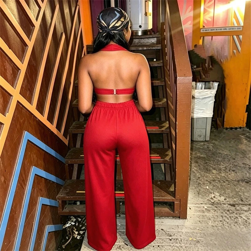 Women's Sexy Hollow Out Halter Crop Top and Wide Leg Pant Two Piece Set