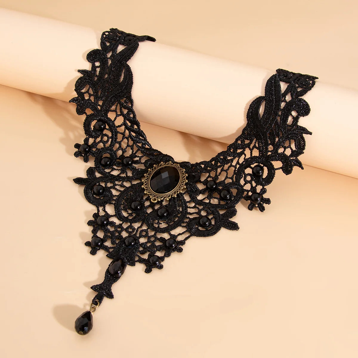 Women's Vintage Black Lace Beaded Gothic Collar Necklace Pendant