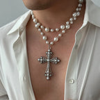 Women's Fashion Elegant Imitation Pearl Cross Pendant Necklace