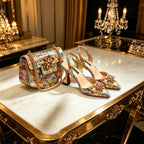 Women's Pointed Toe Rhinestone Heels and Handbag Set