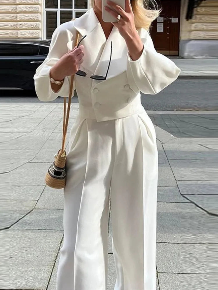 Women's Solid Lapel Woolen Top Wide Leg Pants Set