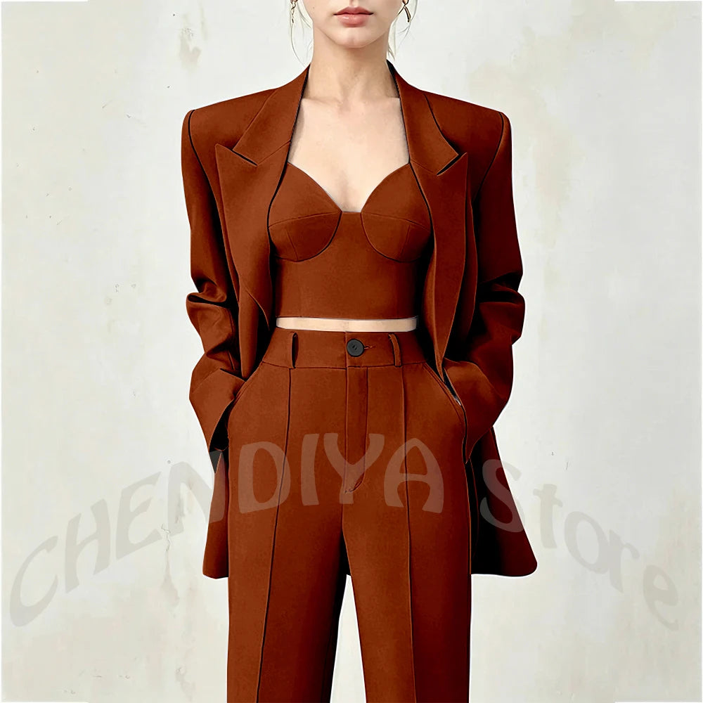 Women's Single Button Tailored Blazer and Pants Suit Set