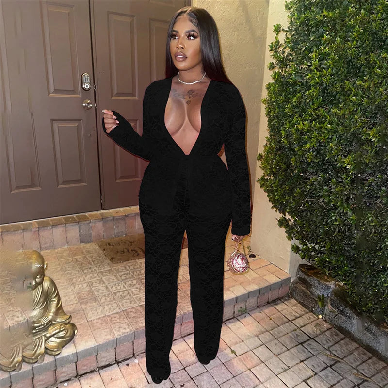Women's Casual Sheer Lace Two Piece Matching Set