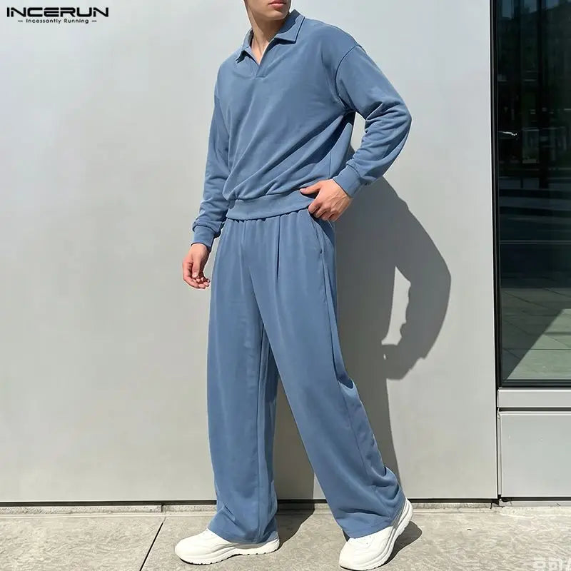 Men's Lapel Long Sleeve Sweatshirt Pants Two-Piece Set