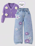 Girls' Floral Print Towel Stitch Elastic Waist Denim Jeans