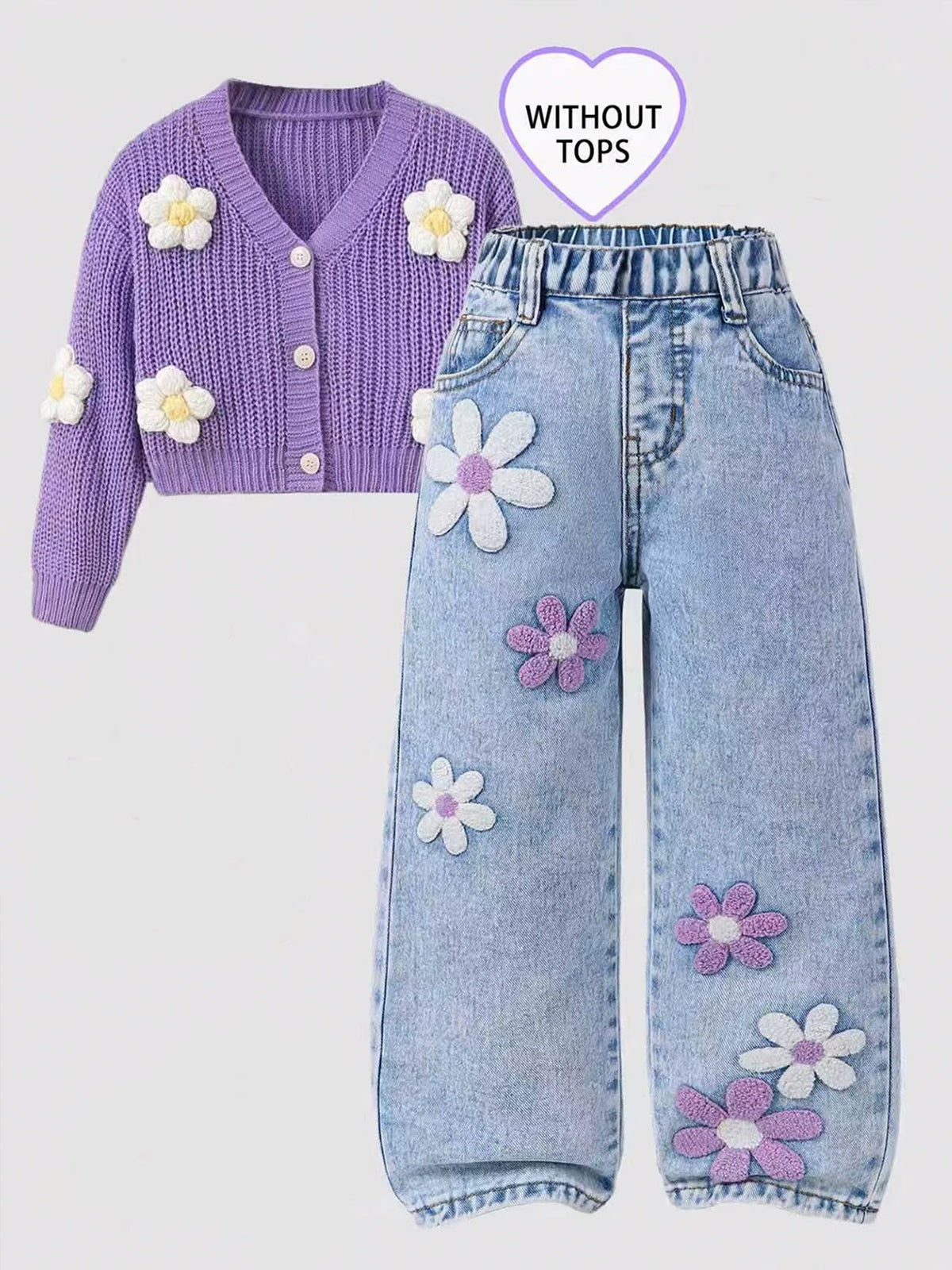 Girls' Floral Print Towel Stitch Elastic Waist Denim Jeans