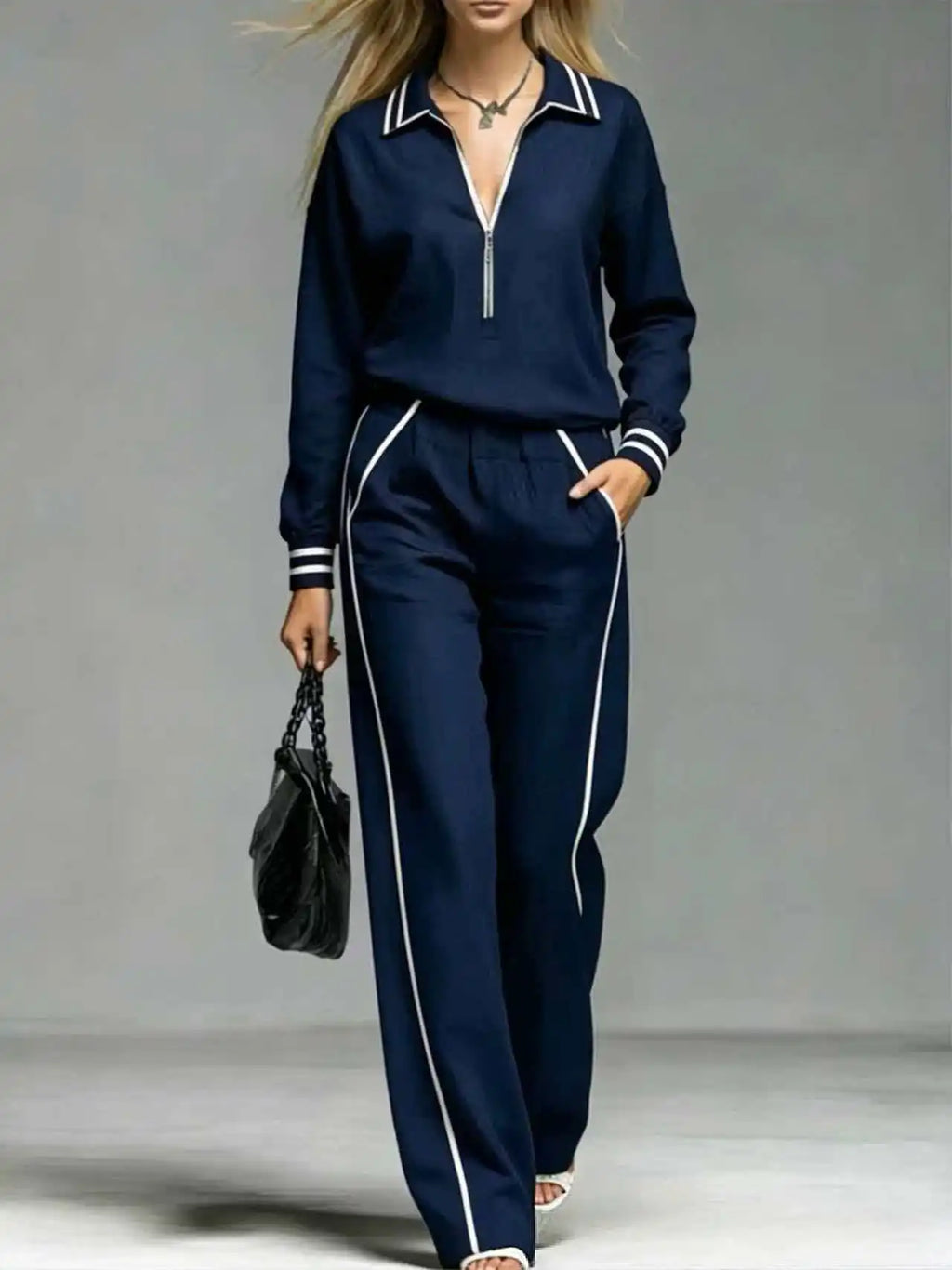 Women's Half Zipper Striped Sweatshirt Wide Leg Pants Set