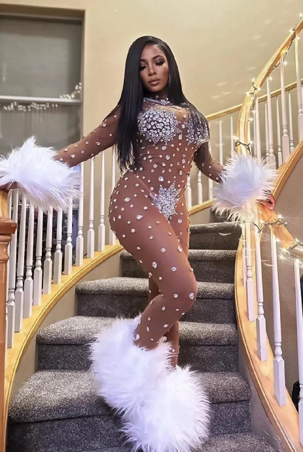 Women's Rhinestone Feather Mesh Jumpsuit