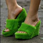 Women's Trendy Furry Wedge High Heel Slide Slippers