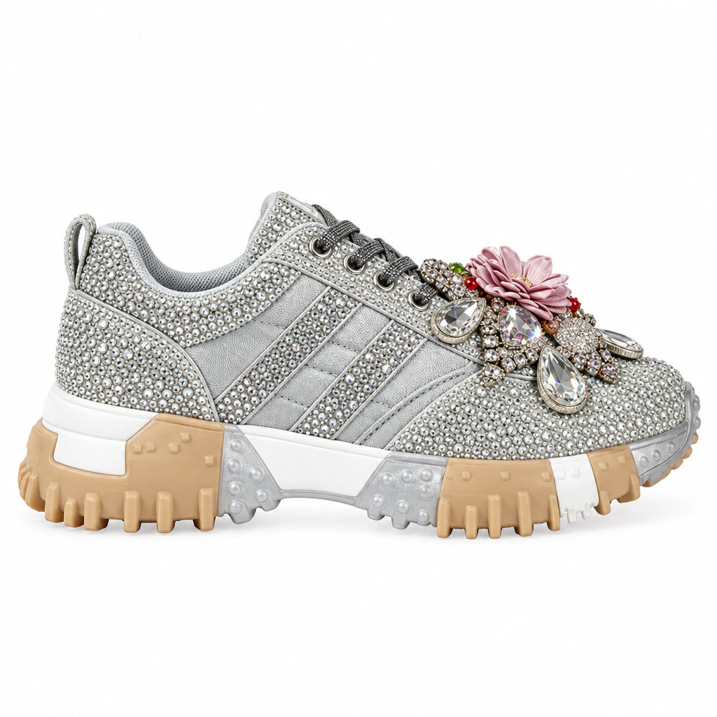 Women's Rhinestone Platform Sneakers Diamond Lace-Up Casual Skateboard Shoes