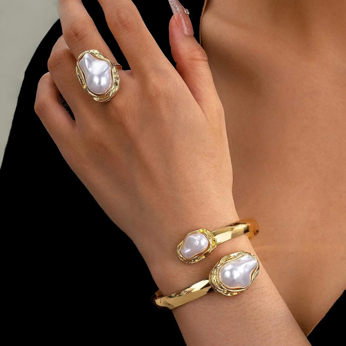 Women's Fashion Elegant Imitation Pearl Adjustable Bracelet Ring Jewelry Set
