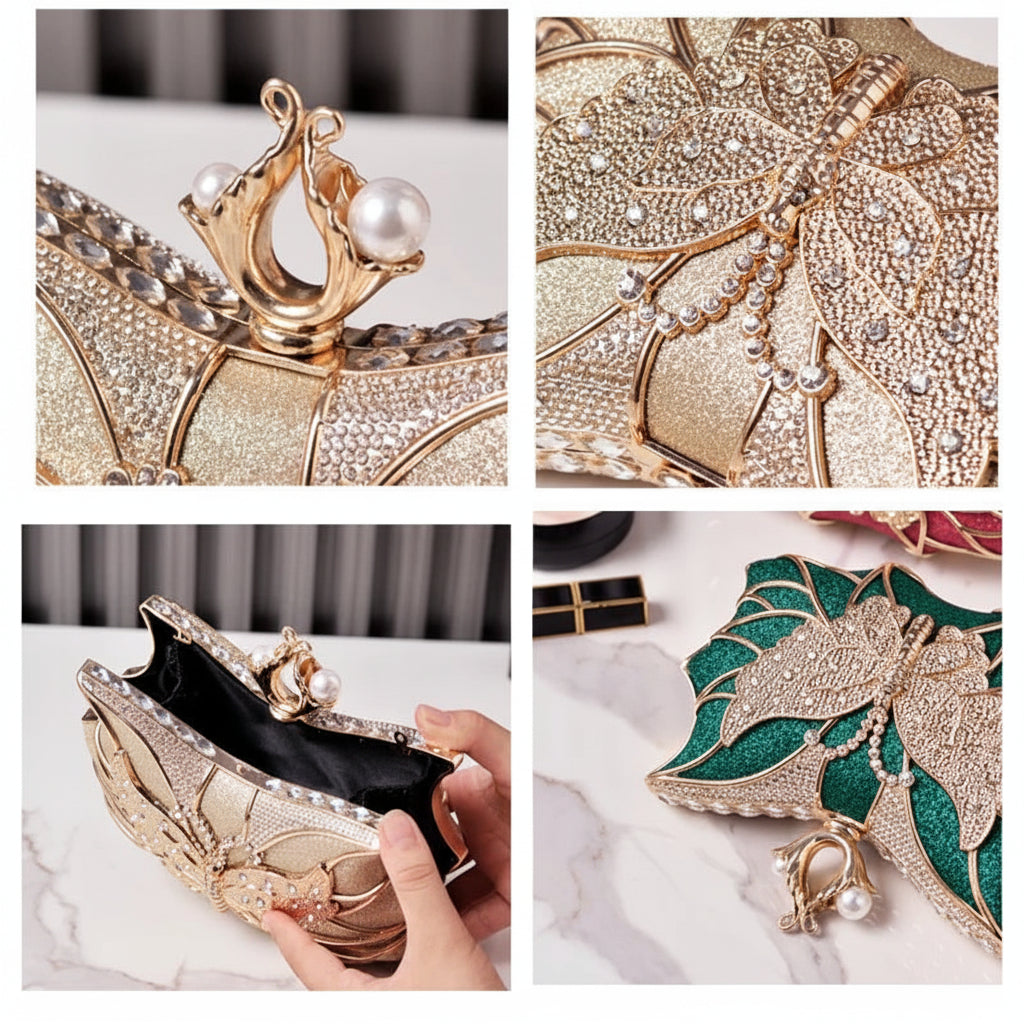 Hollow Butterfly Evening Clutch Bag with Sequins and Diamonds