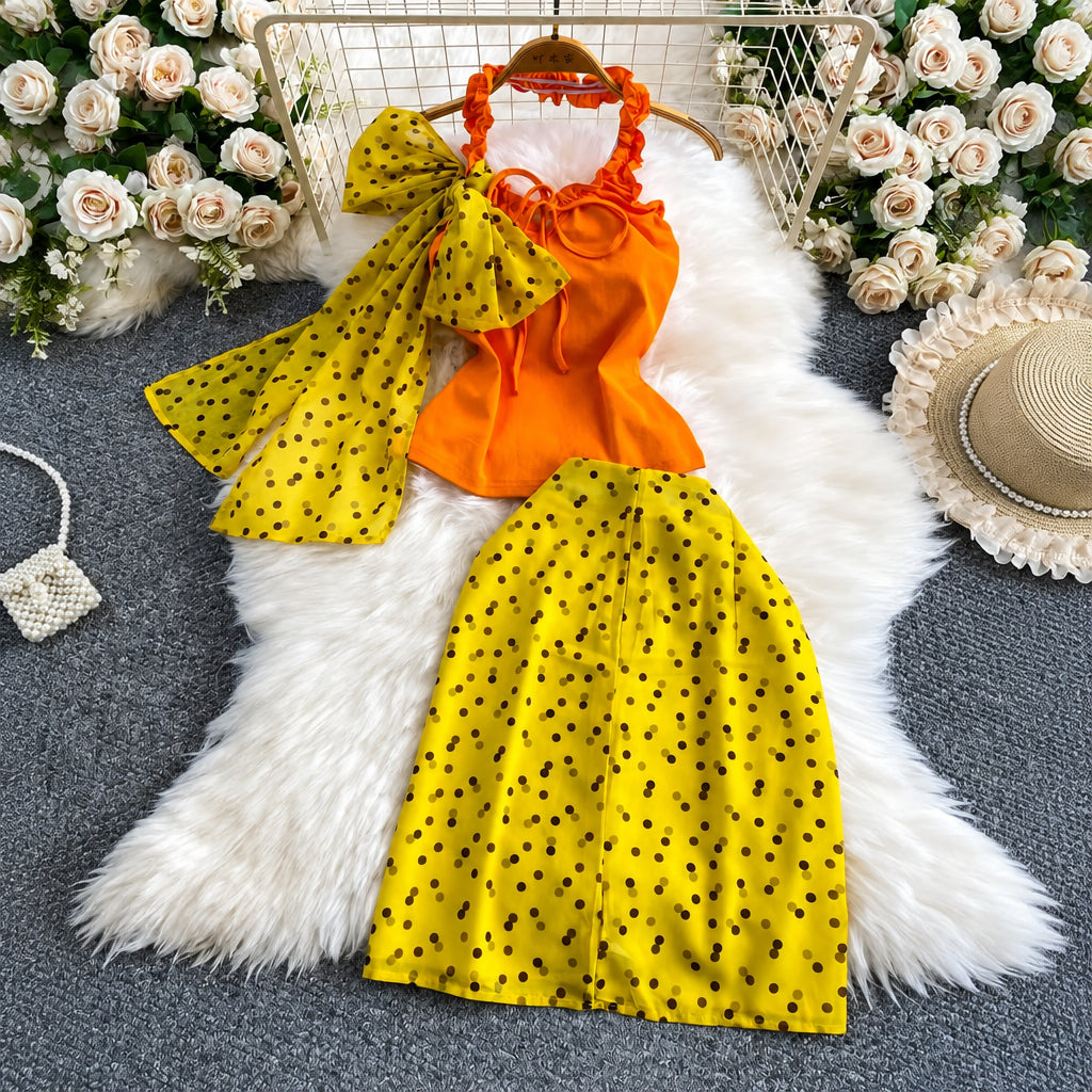 Women's Polka Dot Bow Halter Top Midi Skirt Set