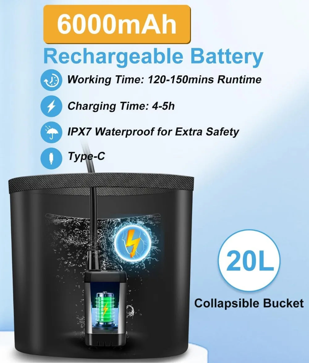Portable Camping Shower with Rechargeable 6000mAh Pump and 5.3 Gallon Bag