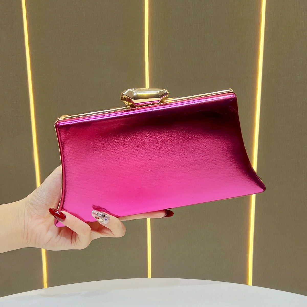 Women's Metallic Trapezoid Evening Clutch Bag with Gold Clasp