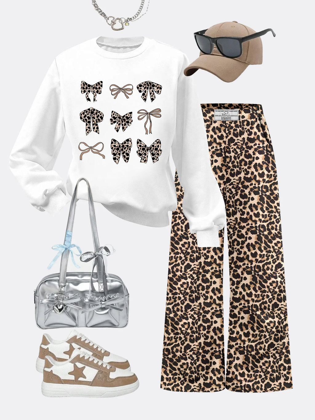 Girls' Bowtie Leopard Print Fleece Hoodie Pants Two-Piece Set