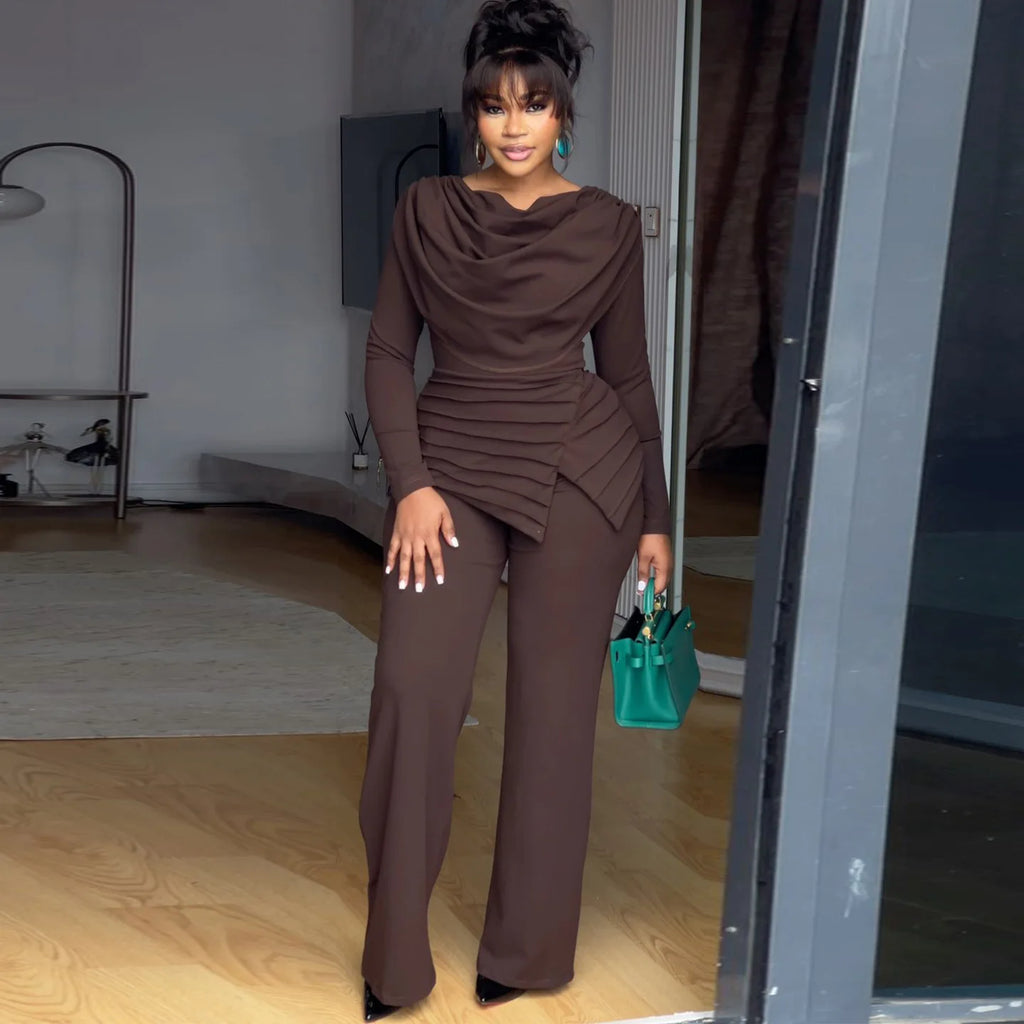 Women's Swing Collar Ruched Long Sleeve Jumpsuit