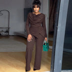 Women's Swing Collar Ruched Long Sleeve Jumpsuit