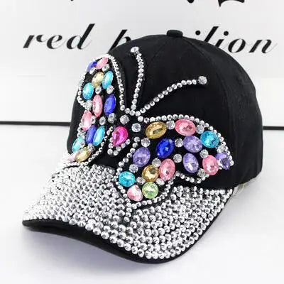 Women's Rhinestone Butterfly Denim Baseball Cap Adjustable Snapback