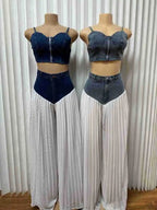 Women's Patchwork Denim Wide Leg Pants Two-Piece Set