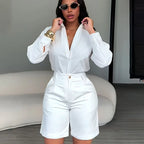 Women's Casual Long Sleeve Shirt and Shorts Two Piece Matching Set