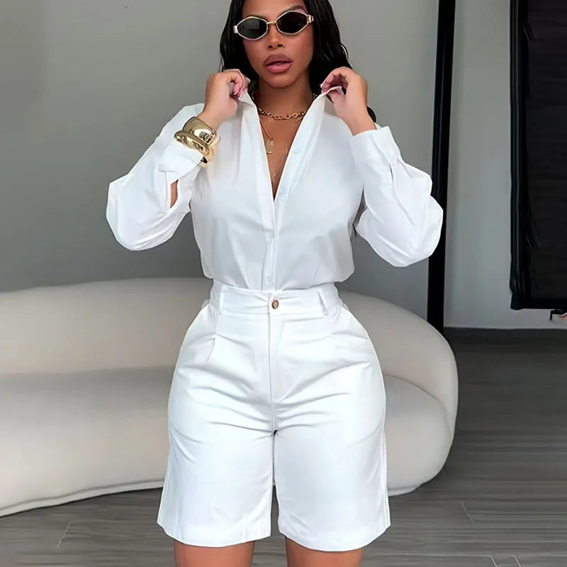 Women's Casual Long Sleeve Shirt and Shorts Two Piece Matching Set