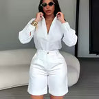 Women's Casual Long Sleeve Shirt and Shorts Two Piece Matching Set