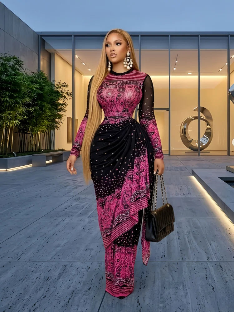 Women's Tie Dye Print Ruched Long Sleeve Bodycon Maxi Dress