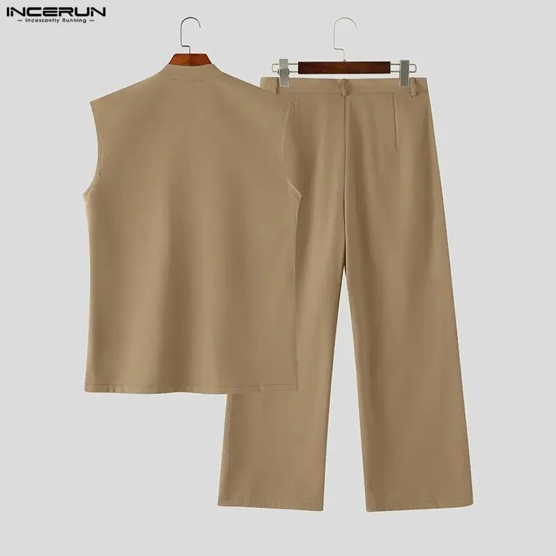Men's Solid V-Neck Sleeveless Vest Pants Set