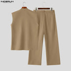 Men's Solid V-Neck Sleeveless Vest Pants Set