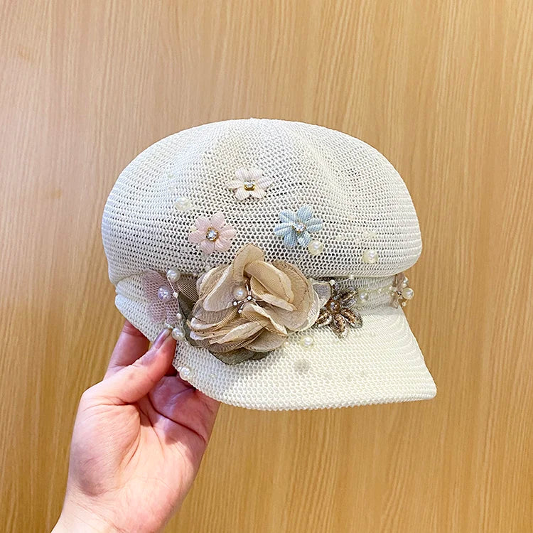 Women's Octagonal Hat with Pearl Flower Decoration