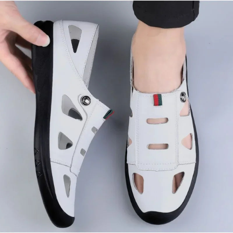 Men's Casual Hollow Leather Sandals Summer Breathable Shoes