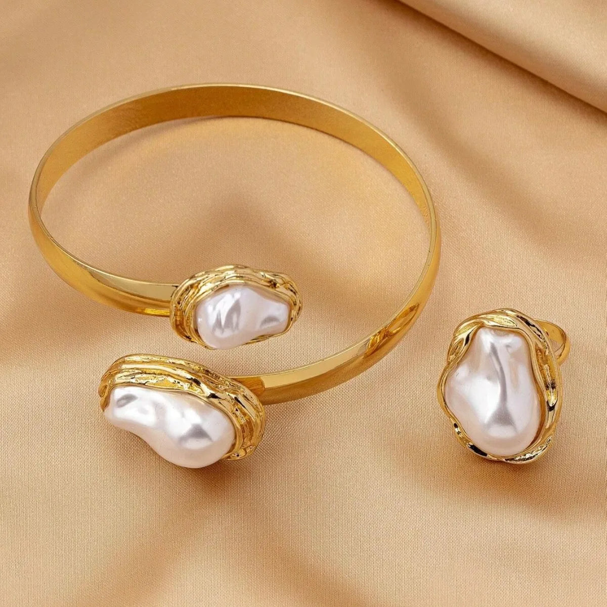 Women's Fashion Elegant Imitation Pearl Adjustable Bracelet Ring Jewelry Set