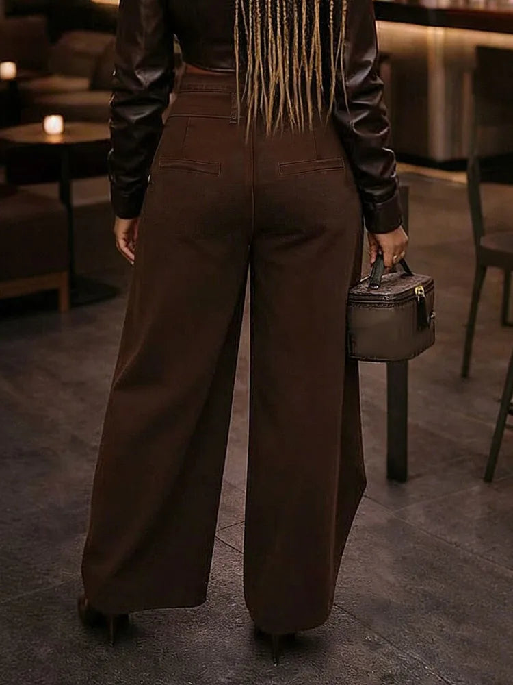 American Retro High Waist Wide Leg Trousers with Metal Buckle